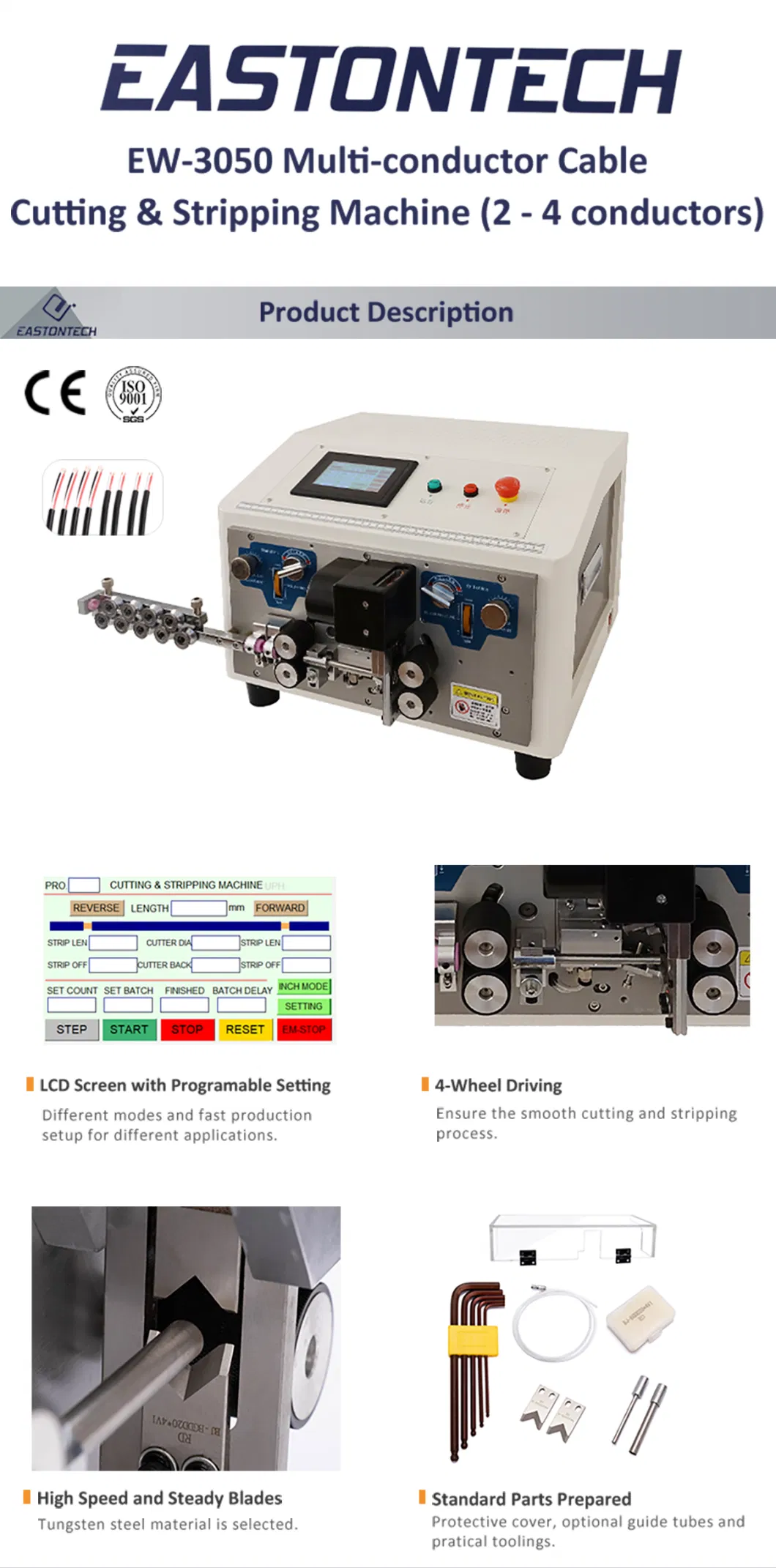 Eastontech Fully Automatic Electrical Multi-Conductor Cable Cutting and Stripping Machine 2/3/4 Cores Inner Wire Peeling Tools